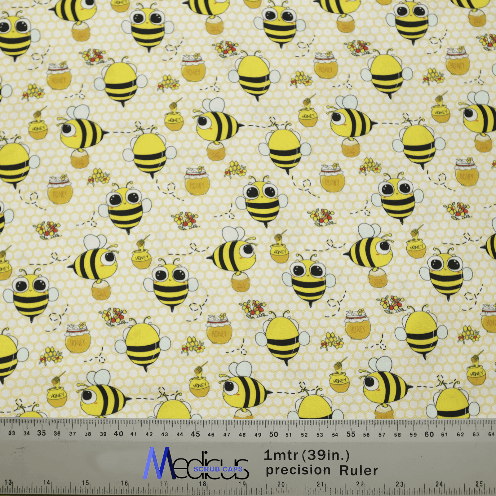 Bees Honey Pots Scrub Cap from Medicus Scrub Caps, featuring a playful bee and honey pot pattern on a honeycomb background.