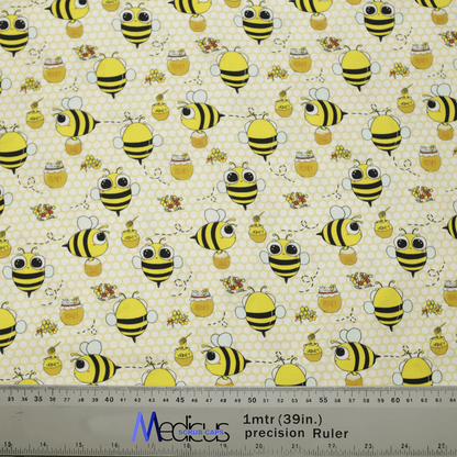 Bees Honey Pots Scrub Cap from Medicus Scrub Caps, featuring a playful bee and honey pot pattern on a honeycomb background.