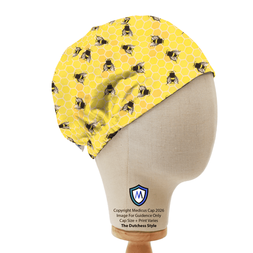 Bees Honey Pots scrub cap pattern detail on mannequin
