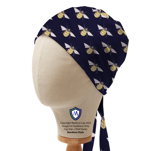 Bees On Navy scrub cap in Bandana tie-back style