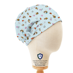 Bees + Flowers On Teal scrub cap in Duchess elastic-back style