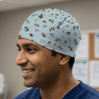 Bees + Flowers On Teal scrub cap shown on model