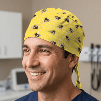 Bees Honey Pots scrub cap shown on model