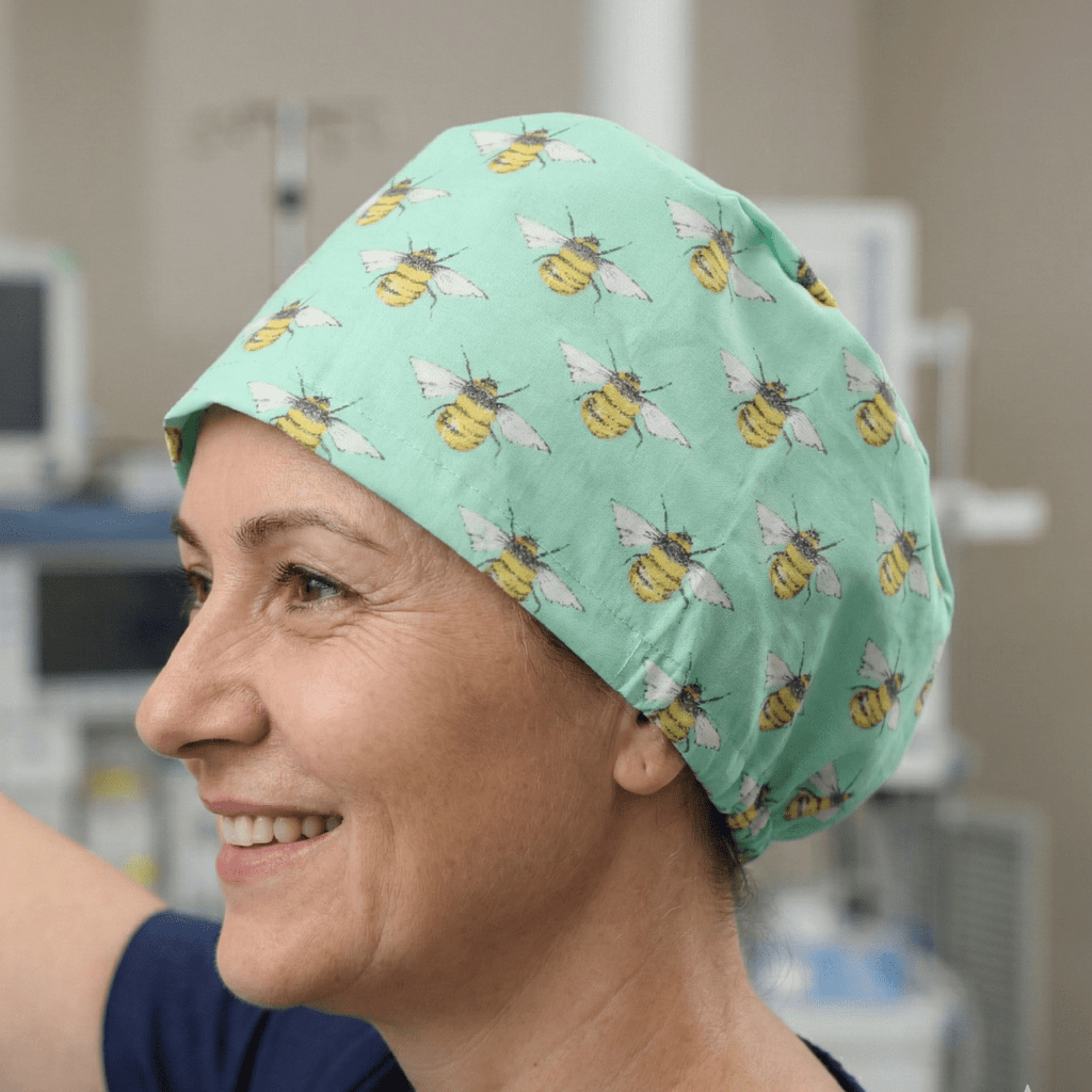 Bees On Teal Scrub Cap scrub cap flat lay view