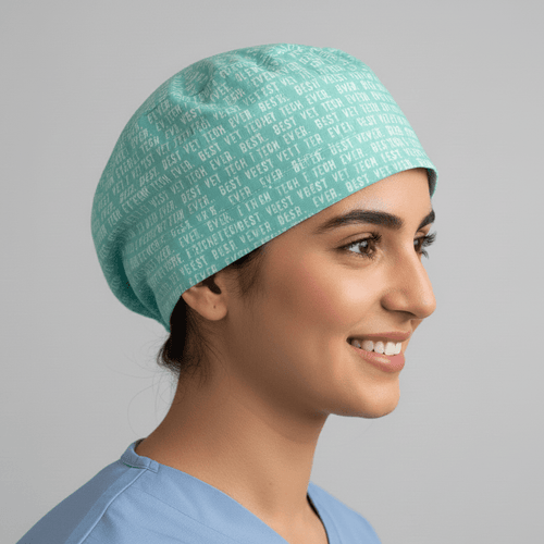Best Vet Tech scrub cap shown on model