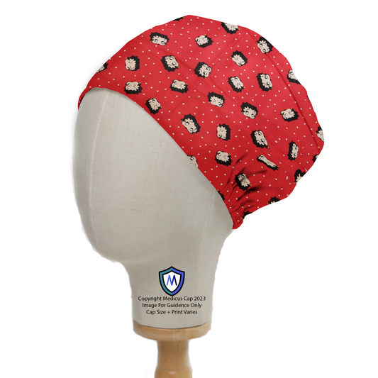 A mannequin wears the Betty Boop On Red Scrub Cap by Medicus Scrub Caps, featuring a comic character pattern on a red polka-dotted background.