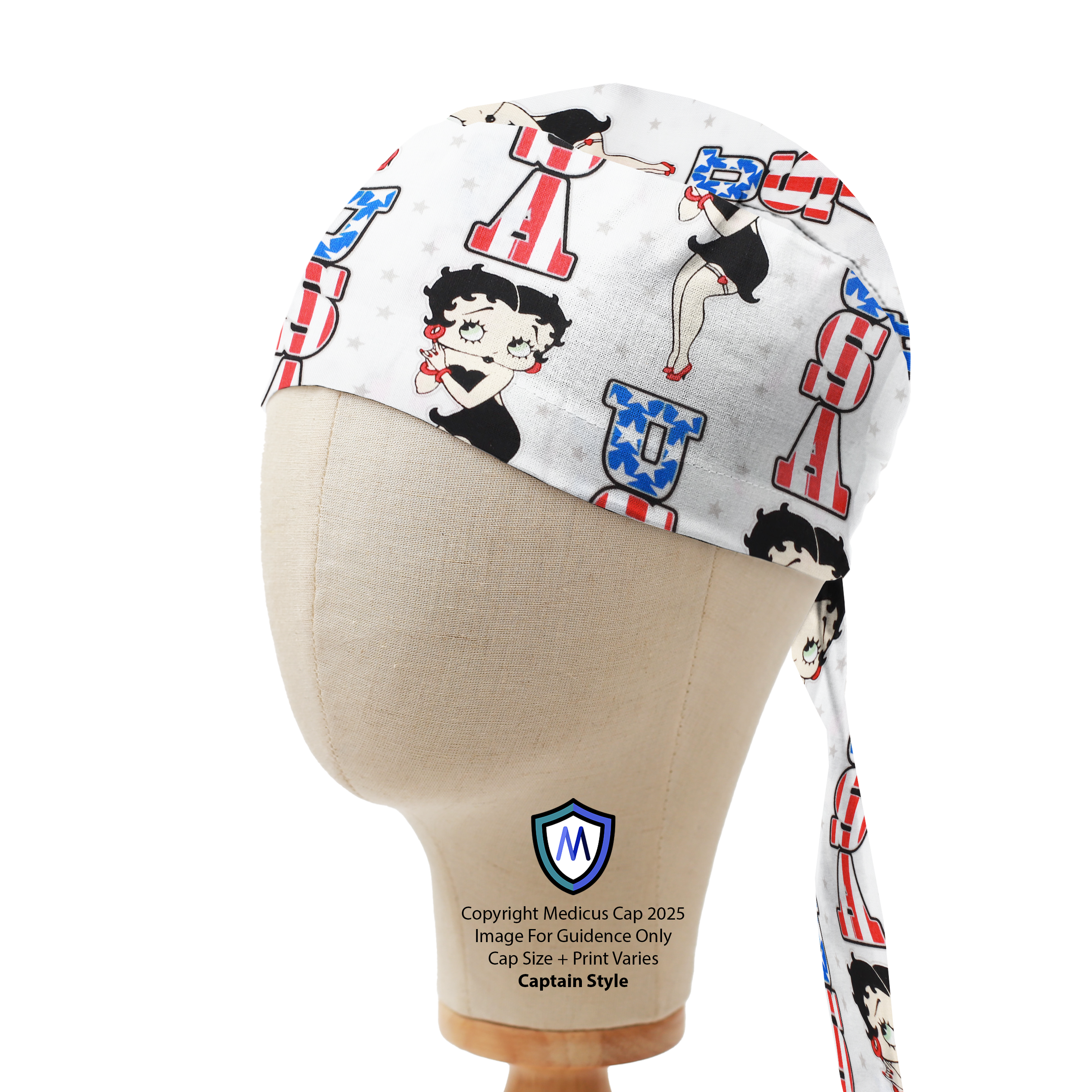 Mannequin head wearing a Medicus Scrub Cap with Betty Boop in American-themed outfits on a white background, captain style.