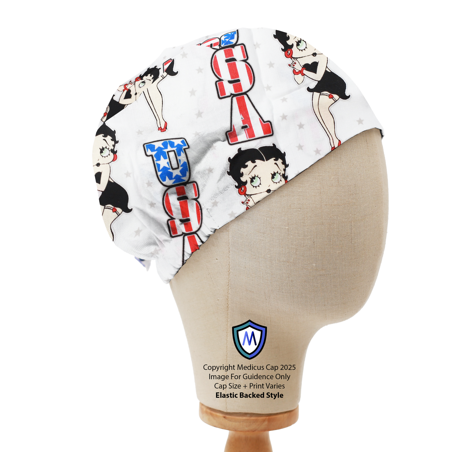 Mannequin head wearing a Medicus Scrub Cap featuring Betty Boop in American-themed outfits on a white background. Elastic backed style.