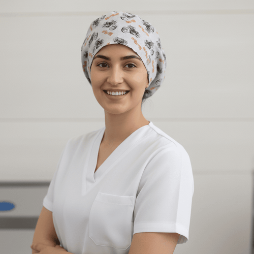 Bike Biker For Life scrub cap pattern detail on mannequin