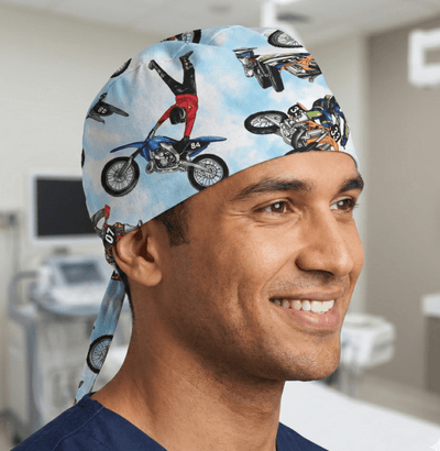 Bike Biker Supercross Racing Dirtbike scrub cap shown on model