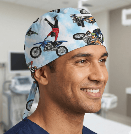 Bike Biker Supercross Racing Dirtbike scrub cap shown on model