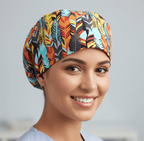 Birds Colourful Feathers scrub cap shown on model