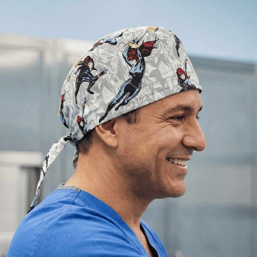 Black Widow Superhero Scrub Cap scrub cap flat lay view
