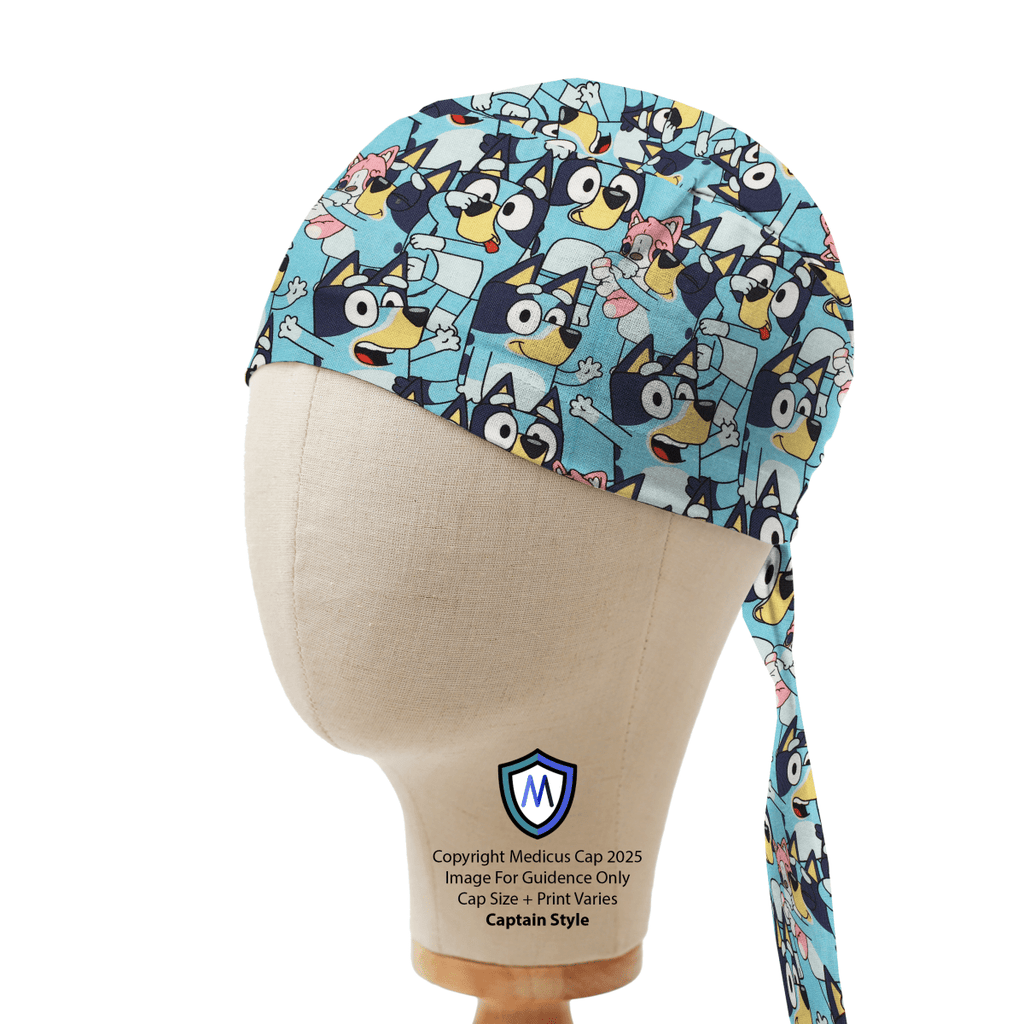 Medicus Scrub Cap featuring a vibrant "Bluey Crowd of Blue" pattern, designed for comfort and style in medical settings.