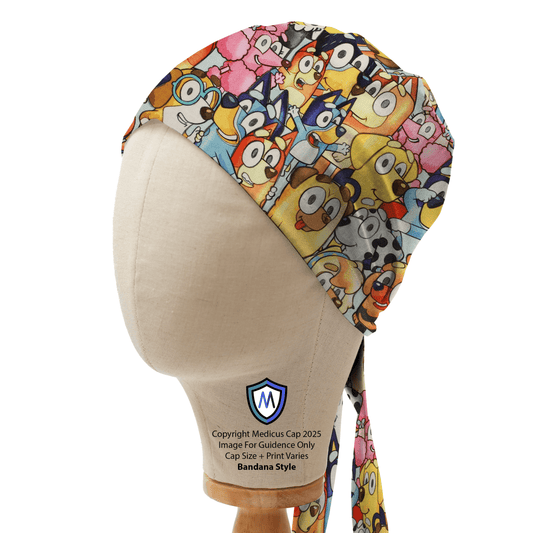 Mannequin head wearing Medicus Scrub Cap with Bluey Crowded Family + Friends Kawaii Style print, displayed on a wooden stand against a white backdrop.