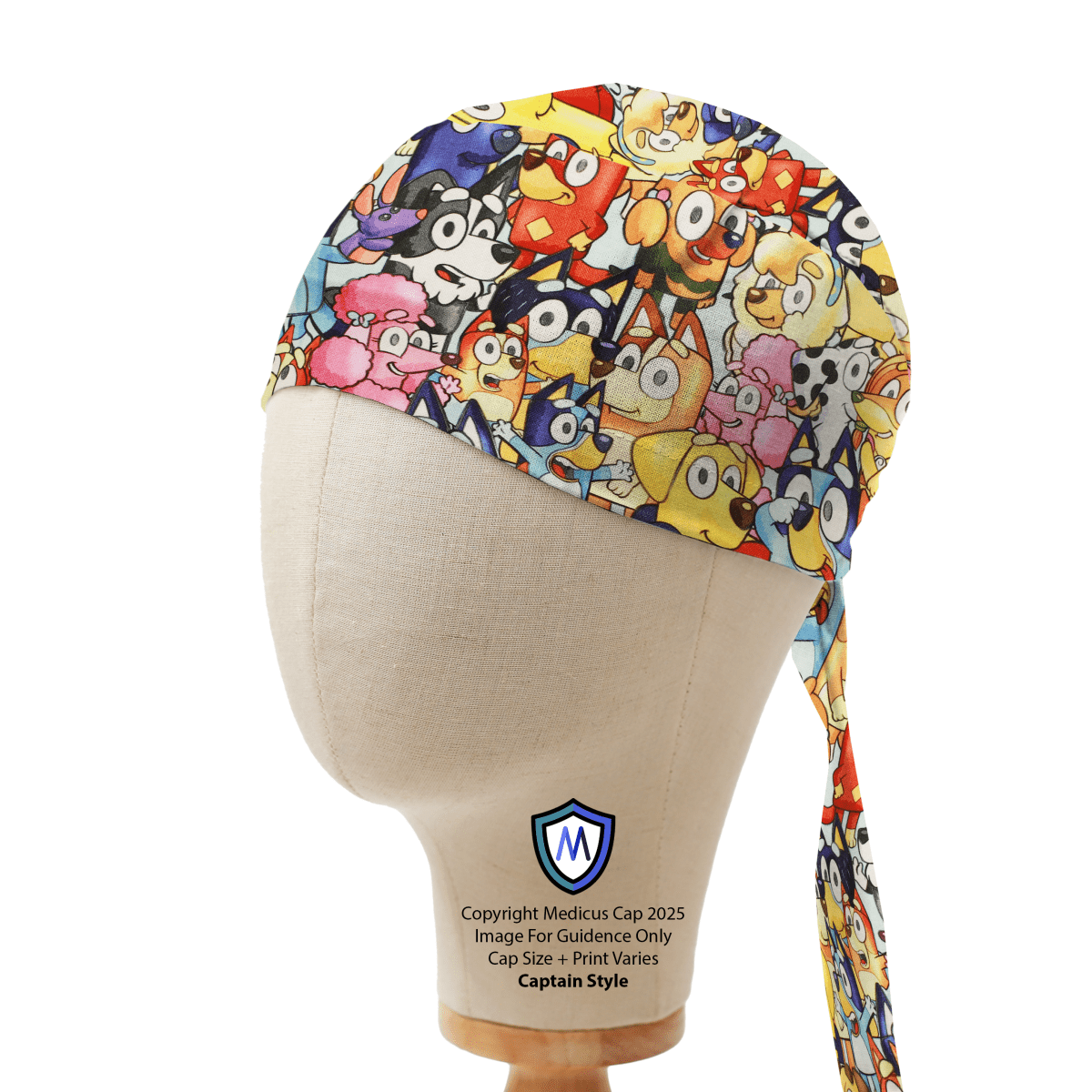 A mannequin head wears a Medicus Scrub Caps Bluey Crowded Family + Friends Kawaii Style Scrub Cap, featuring playful cartoon characters. A blue and white M logo decorates the neck.