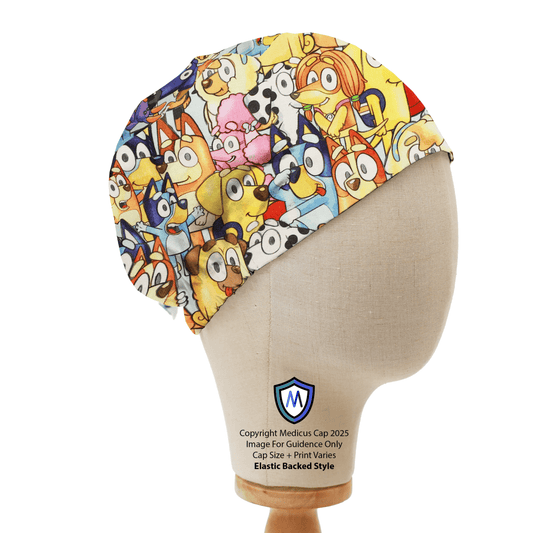 Mannequin head wearing Medicus Scrub Cap with Bluey Crowded Family + Friends Kawaii Style print, on a wooden stand against a white backdrop.