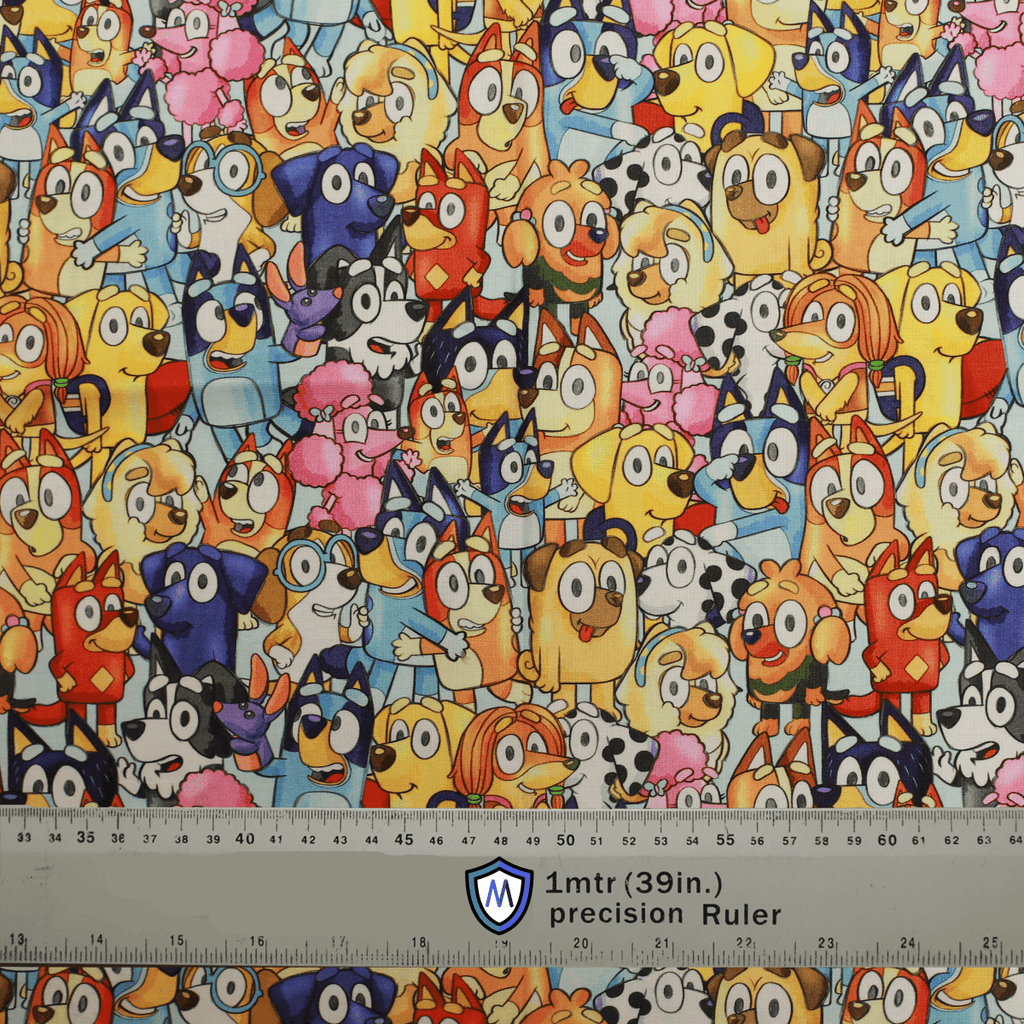 Fabric sample with Bluey Crowded Family + Friends Kawaii Style print, featuring colorful cartoon characters. A ruler provides scale. Ideal for Medicus Scrub Caps.