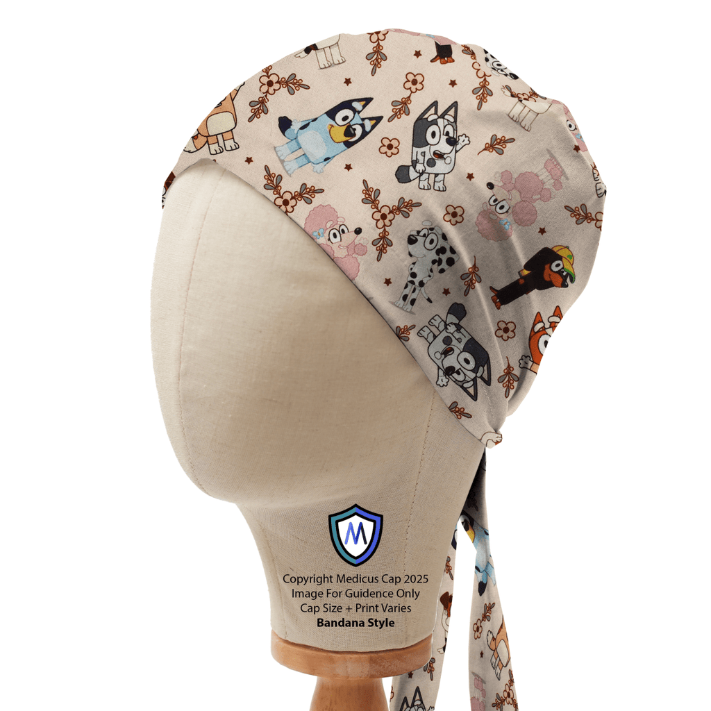 Medicus Scrub Cap featuring Bluey and friends print on a beige background, displayed on a mannequin. Bandana style with tie-back design.