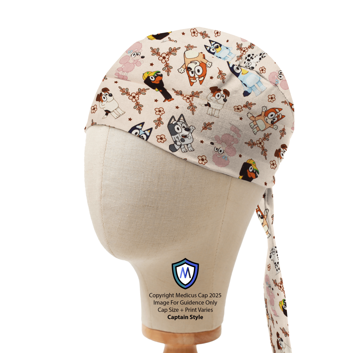 Medicus Scrub Cap featuring a "Bluey Family & Friends" pattern on a beige background. Comfortable, stylish, and perfect for medical professionals. Captain style.