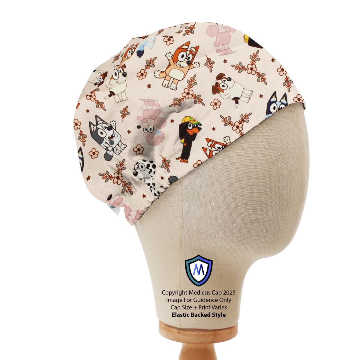 Medicus Scrub Cap featuring Bluey, family, and friends on a beige background with floral accents. Elastic-backed style for comfort.
