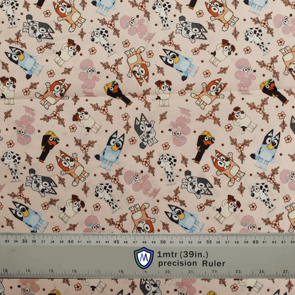 Fabric for Medicus Scrub Cap featuring Bluey, family, and friends on a light background with floral details. Handle: "bluey-family-friends-scrub-cap".