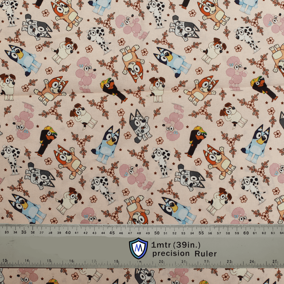 Fabric for Medicus Scrub Cap featuring Bluey, family, and friends on a light background with floral details. Handle: "bluey-family-friends-scrub-cap".