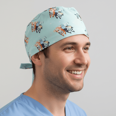 Bluey Bingo Back to Back scrub cap shown on model