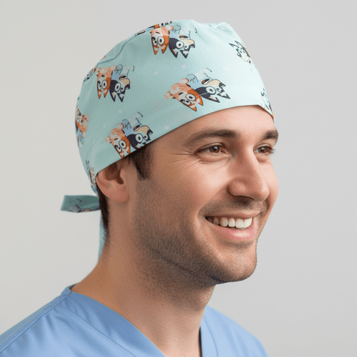 Bluey Bingo Back to Back scrub cap shown on model