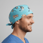 Bluey Bingo Dance and Skipping scrub cap shown on model