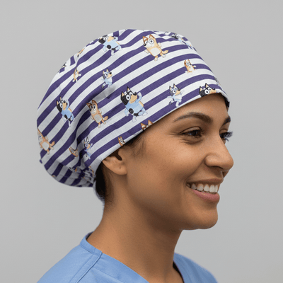 Bluey Bingo On Stripes scrub cap shown on model