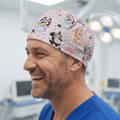 Bluey Character Bingo confetti scrub cap shown on model