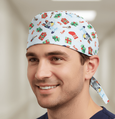 Bluey Christmas Gift scrub cap shown on model