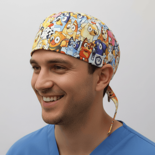 Bluey Crowded Family + Friends Kawaii Style scrub cap shown on model
