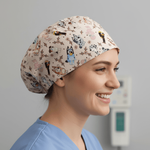 Bluey Family + Friends scrub cap shown on model