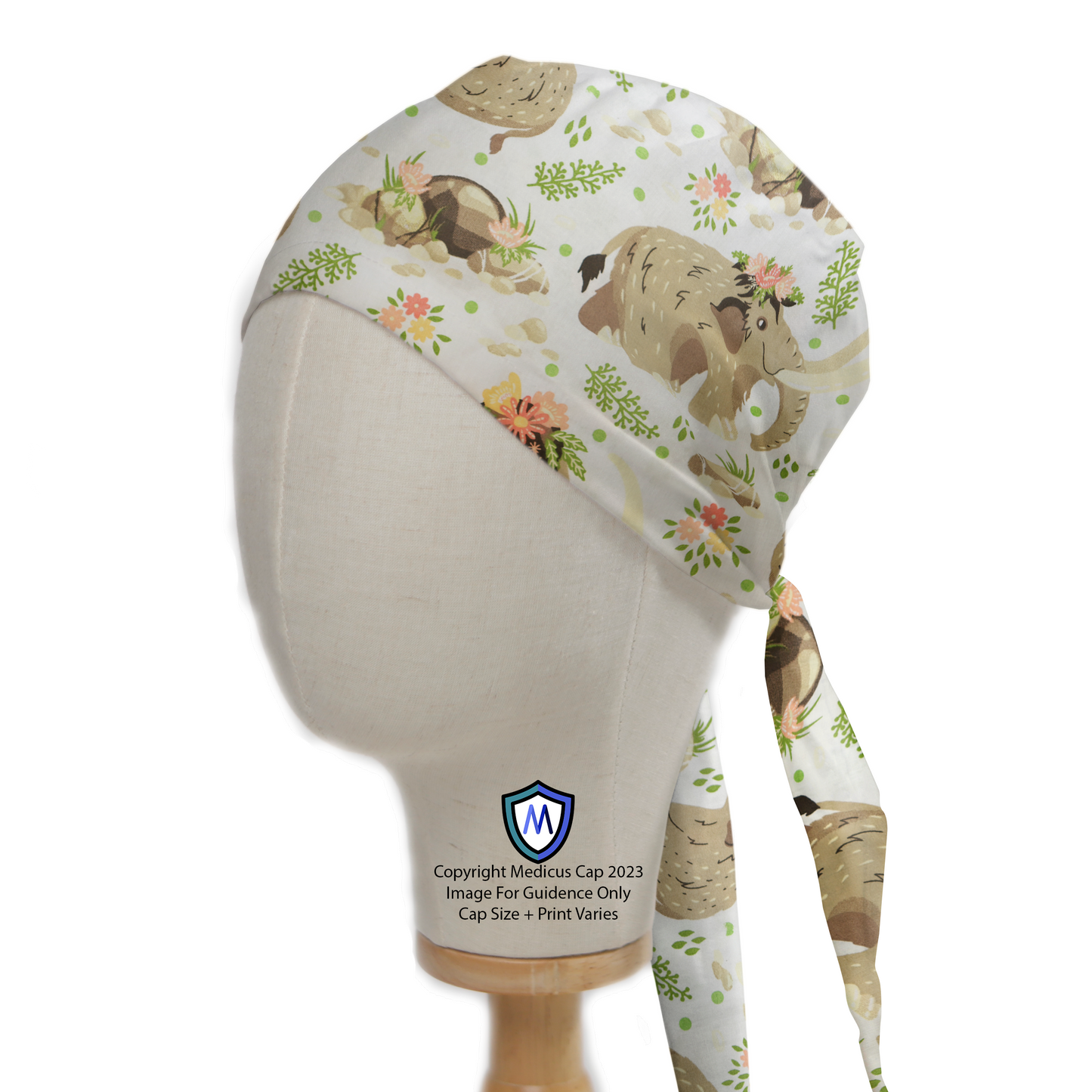 Boho Boheme Monmouth Elephants Scrub Cap from Medicus Scrub Caps, featuring a whimsical mammoth and floral pattern on a white background.