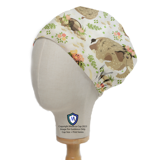 Boho Boheme Monmouth Elephants Scrub Cap from Medicus Scrub Caps, featuring a whimsical elephant and floral pattern on a cream-colored fabric.