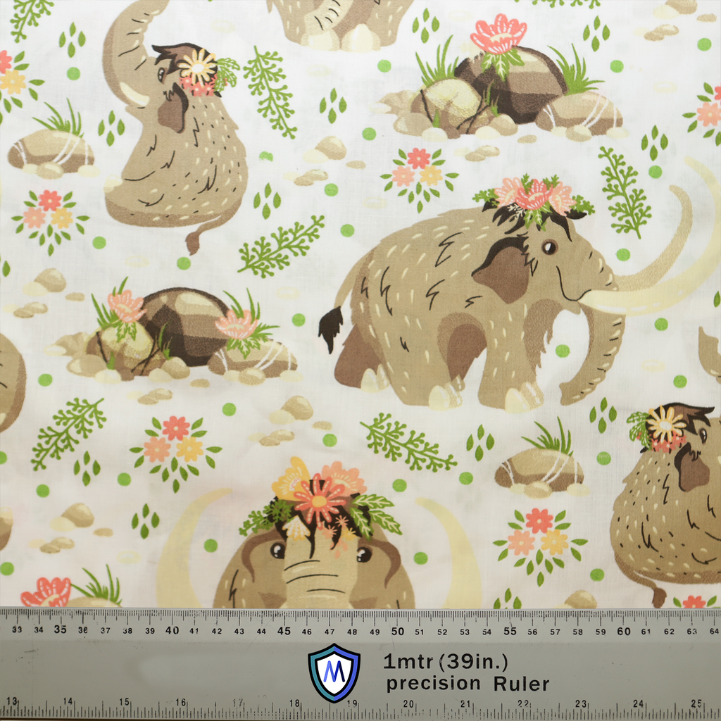 Boho Boheme Monmouth Elephants Scrub Cap from Medicus Scrub Caps, featuring a whimsical mammoth pattern with floral accents on a white background.