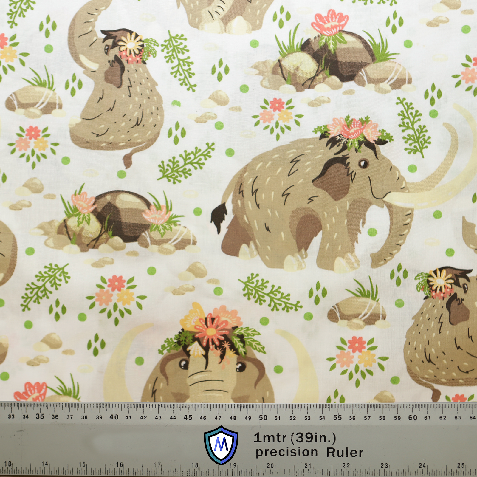 Boho Boheme Monmouth Elephants Scrub Cap from Medicus Scrub Caps, featuring a whimsical mammoth pattern with floral accents on a white background.