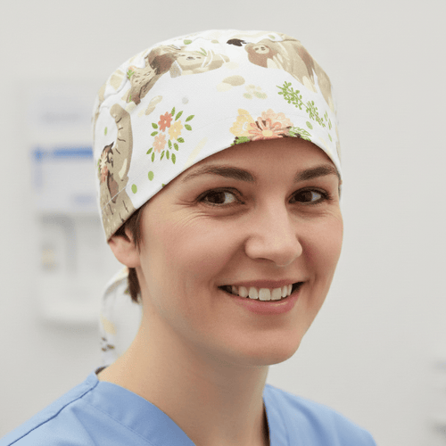 Boho Boheme Mammoth Elephants scrub cap shown on model