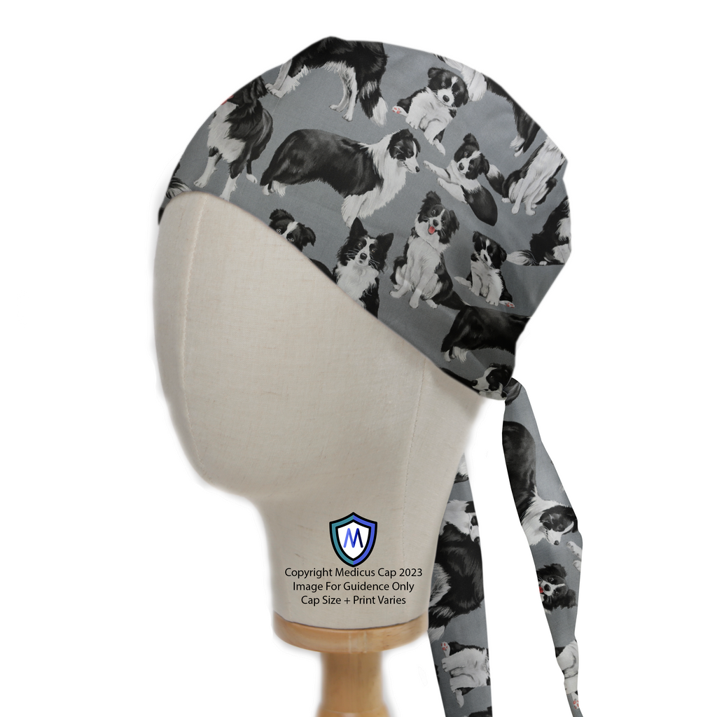 Border Collies On Grey Scrub Cap from Medicus Scrub Caps, featuring a pattern of black and white Border Collies on a grey background.
