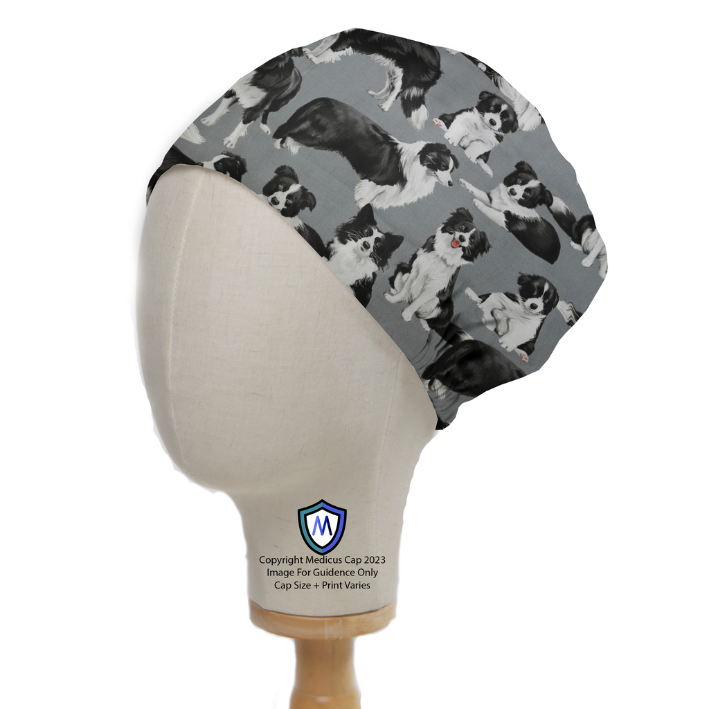 Border Collies On Grey Scrub Cap from Medicus Scrub Caps, featuring a playful dog pattern on a stylish, comfortable medical cap.
