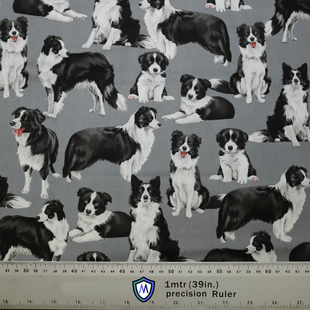 Border Collies on Grey Scrub Cap from Medicus Scrub Caps, featuring a pattern of black and white Border Collies on a grey background.