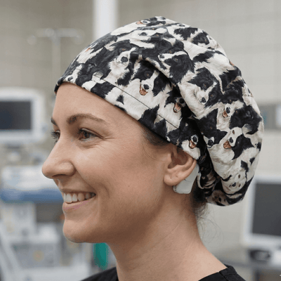 Border Collie Sheep Dogs scrub cap shown on model