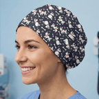 Boston Terrier Dogs scrub cap shown on model