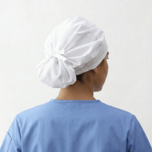 Bouffant scrub cap back view showing adjustable tie closure and comfortable elastic design