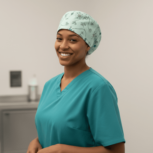 Brain Neuron Network scrub cap pattern detail on mannequin