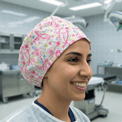 Breast Cancer Awareness #1 scrub cap shown on model