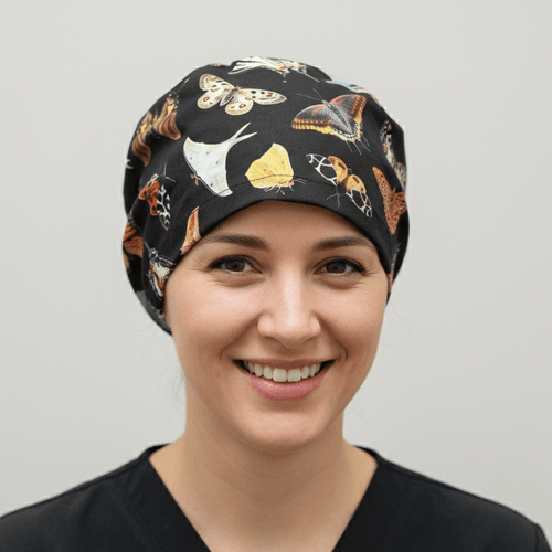Butterflies scrub cap shown on model