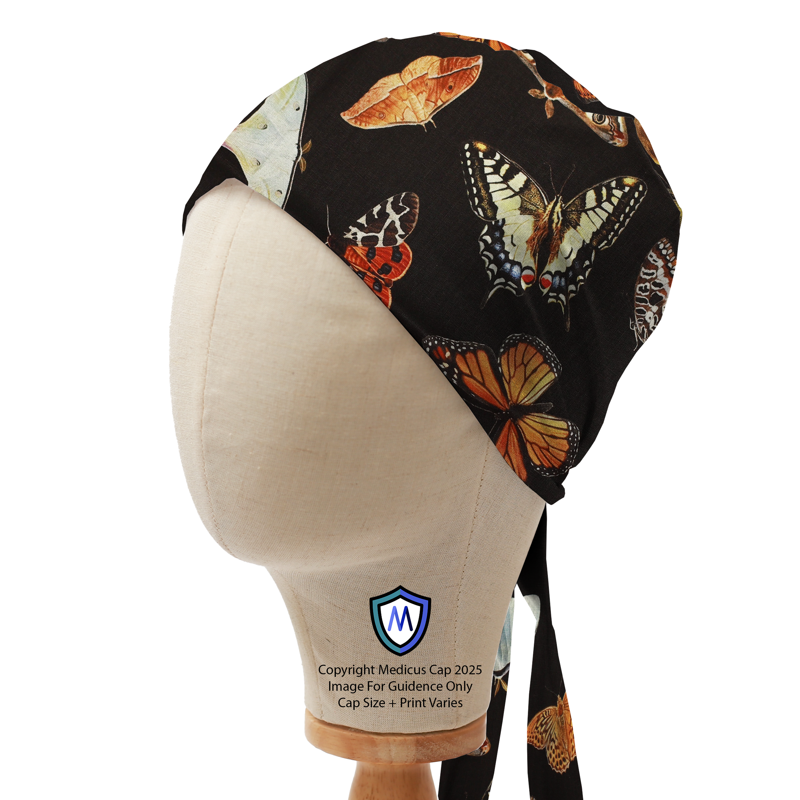 Mannequin head wearing a Medicus Scrub Cap with colorful butterflies and moths on a black background, bandana style.